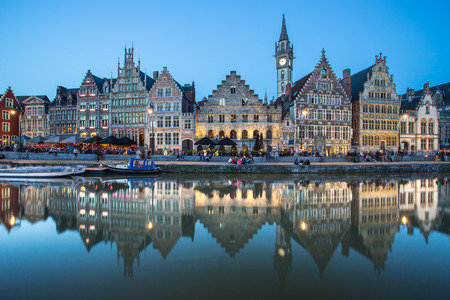 Travel Belgium medieval european city town background with canal  Ghent, Belgiumの写真素材