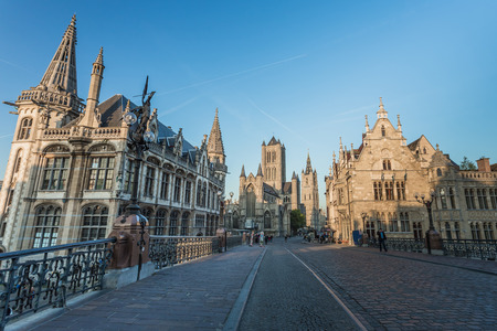 Travel Belgium medieval european city town background with canal  Ghent, Belgiumの写真素材