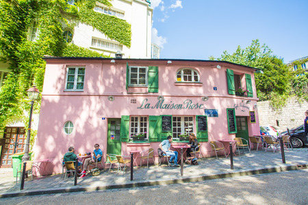 PARIS - May 14: View of typical paris cafe on May 14, 2014 in Paris. Montmartre area is among most popular destinations in Paris, La Maison Rose is a typical cafe.のeditorial素材