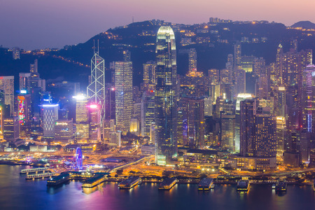 Twilight Building at Victoria Harbour in Hong Kong, Chinaの写真素材