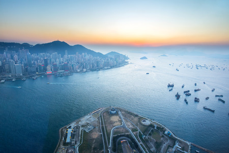 Twilight of Victoria Harbour in Hong Kong, China.のeditorial素材