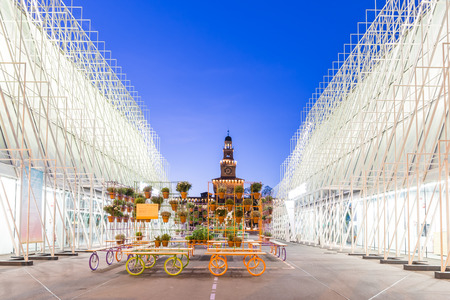 Milan, Italy - April 14, 2015: Expo 2015 Gate in Piazza Castello, Milan, Italy with the Sforza Castle in background on April 14, 2015. Expo 2015 is the next Universal Exposition.のeditorial素材
