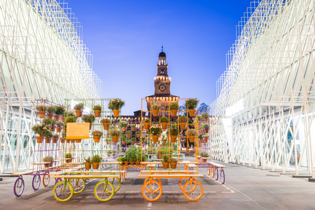 Milan, Italy - April 14, 2015: Expo 2015 Gate in Piazza Castello, Milan, Italy with the Sforza Castle in background on April 14, 2015. Expo 2015 is the next Universal Exposition.のeditorial素材