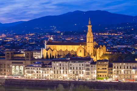 View of Florence at dusk from Piazzale Michelangelo in Florence Italy.の写真素材