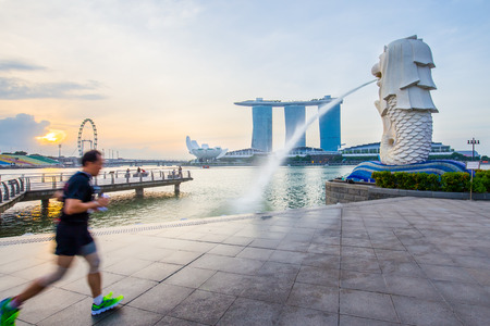 Singapore skyline and Merlion with sunriseのeditorial素材