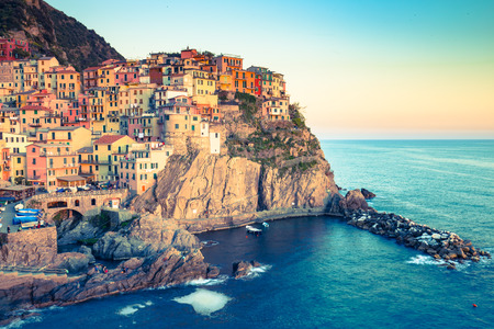 Manarola Village with vintage filtered style.の写真素材