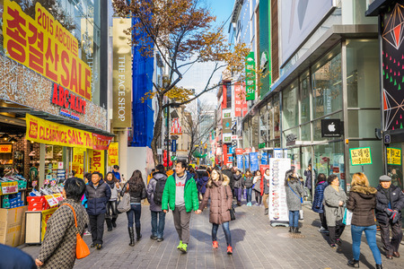 Seoul, South Korea - December 5, 2015: Myeong-dong shopping street in Seoul, South Korea.のeditorial素材