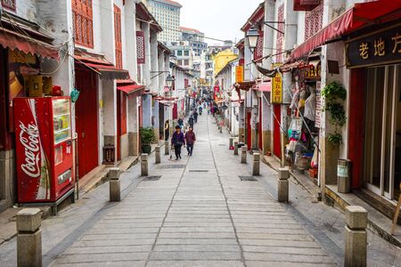 Macau, China - March 11, 2016: Rua da Felicidade (Street of Happiness) between Largo de Santo Agostinho and Largo do Senado, was once the heart of Macau's red lights district.のeditorial素材