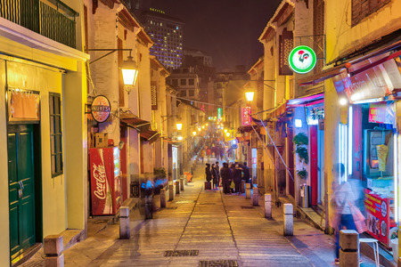 Macau, China - March 12, 2016: The Rua da Felicidade Street at night in Macau, Chinaのeditorial素材