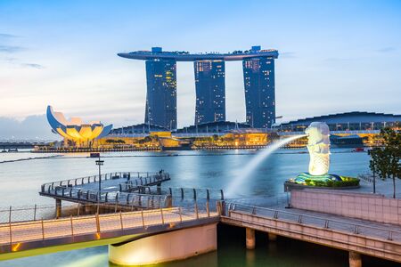 Singapore City, Singapore - July 18, 2015: Singapore city skyline before the sunrise with view of Marina Bay.のeditorial素材