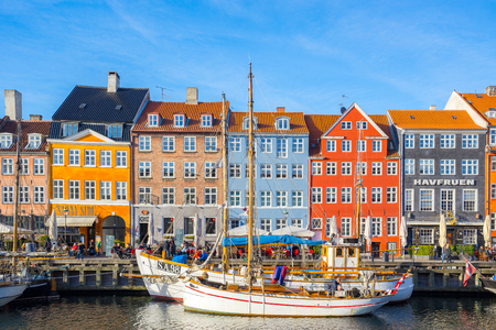 Copenhagen, Denmark - May 1, 2017: Nyhavn is a 17th-century waterfront, canal and entertainment district in Copenhagen, Denmark.のeditorial素材