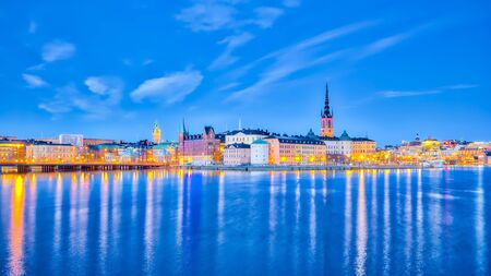 Panorama view of Stockholm cityscape at night in Sweden.のeditorial素材