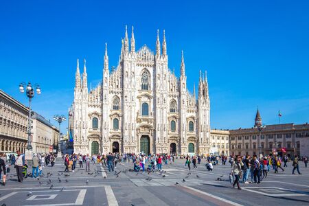 Mian, Italy - April 13, 2015: Crowd of tourist in front of Duomo of Milan, Italy.のeditorial素材