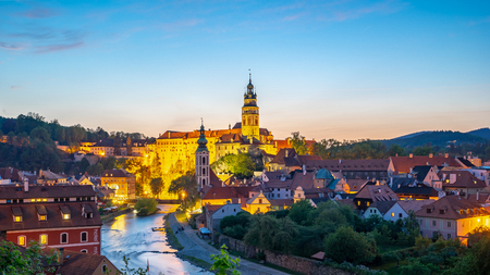 Krumlov Castle at night in Cesky Krumlov, Czech Republic.のeditorial素材