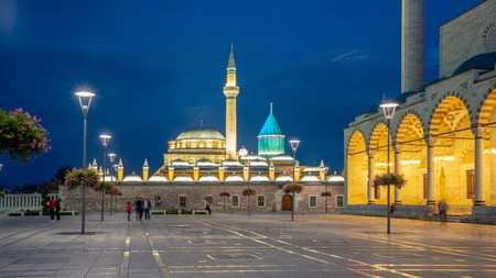 View of Mevlana Museum at night in Konya, Turkey.のeditorial素材