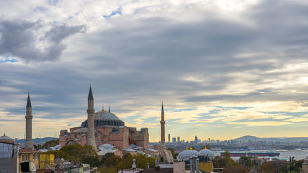 Hagia Sofia with view of Istanbul city skyline in Turkey.の写真素材