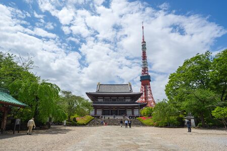 Tokyo Tower with Zojoji Temple in Tokyo city, Japan.のeditorial素材