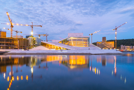 Oslo, Norway - May 7, 2017: Oslo city skyline with Oslo Opera House at night in Oslo city, Norway.のeditorial素材