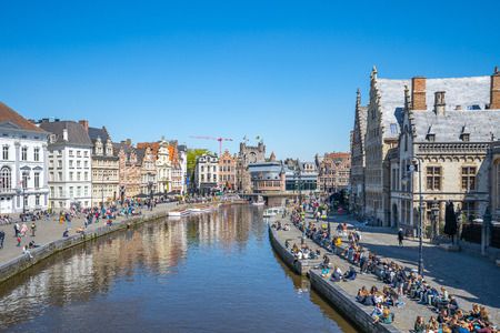 Ghent, Belgium - May 16, 2019: Ghent old town skyline with canal and in Belgium.のeditorial素材