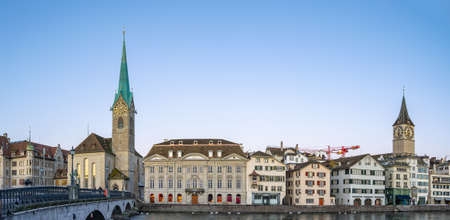 Panorama view of Zurich city skyline with view of Fraumunster church in Switzerland.の写真素材