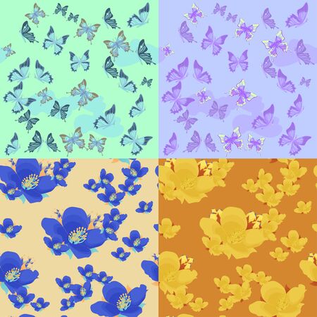 Set of jasmine flowers, butterflies  color. seamless vector illustrationのイラスト素材