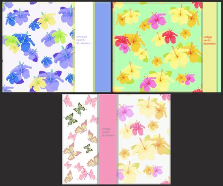 set the pattern for cards with butterflies and hibiscus vector illustrationのイラスト素材