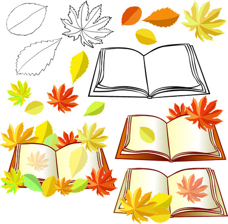 set of autumn with leaves and educational books vector illustrationのイラスト素材