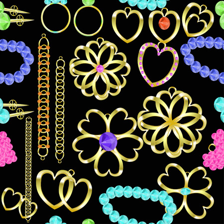 seamless pattern of gold jewelry rings, chains, catkins, necklaces, pendants vector illustrationのイラスト素材