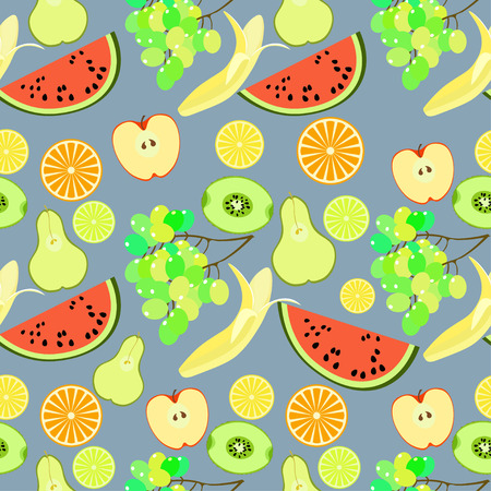 seamless pattern the fruit watermelon, orange, kiwi, apple, banana, pear on a dark background vector illustrationのイラスト素材