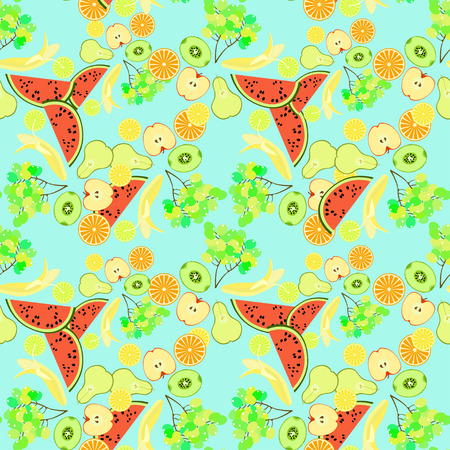 seamless pattern the fruit watermelon, orange, kiwi, grapes, banana, pear on a blue background vector illustrationのイラスト素材