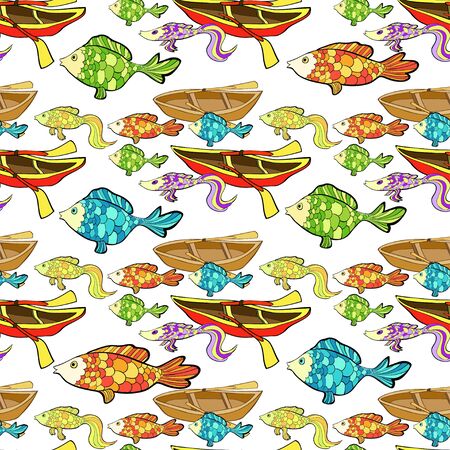 seamless pattern boat, fish, fishing vector illustrationのイラスト素材