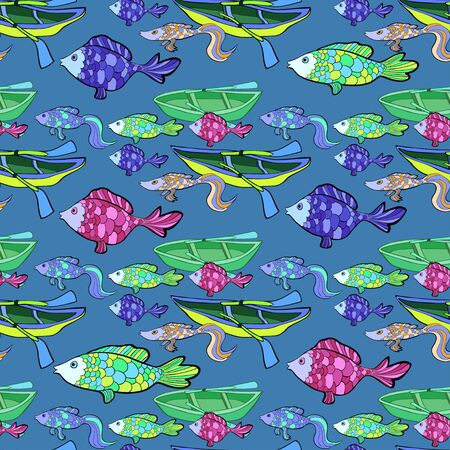 seamless pattern of boat, fishing at night vector illustrationのイラスト素材
