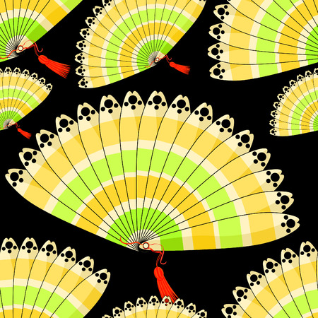 Japanese fan seamless pattern with colored stripes on a black background vector illustrationのイラスト素材