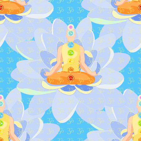 seamless pattern man sitting in lotus  meditating with chakra on blue. vector illustrationのイラスト素材