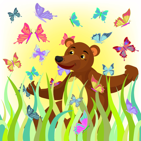 cartoon bear sitting smiling cute card with butterflies. vector illustrationのイラスト素材