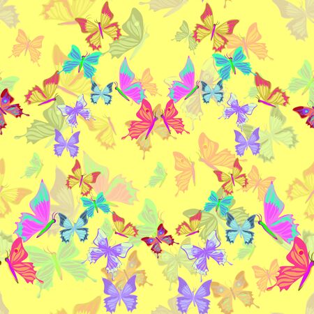 Seamless pattern lovely multicolored butterflies fly in the form of heart  on yellow vector illustrationのイラスト素材