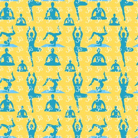 seamless pattern man standing, exercise, meditation, lotus on orange vector illustrationのイラスト素材