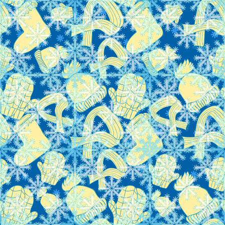 seamless pattern hat, mittens, boots, scarf winter snowflake on blue vector illustrationのイラスト素材