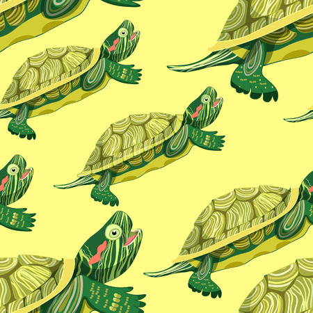 seamless pattern Pond slider turtle green smiling on yellow. vector illustrationのイラスト素材