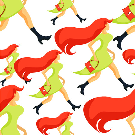 seamless pattern red-haired girl with a bag goes vector illustrationのイラスト素材