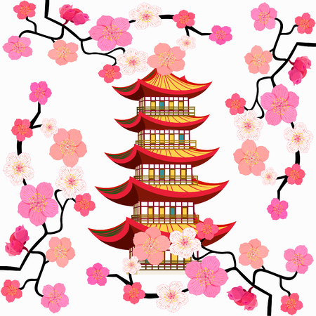 Sakura cherry Chinese pagoda five level  Vector illustrationのイラスト素材