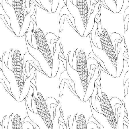 Seamless pattern coloring Corn in the cob with leaves. Vector illustrationのイラスト素材