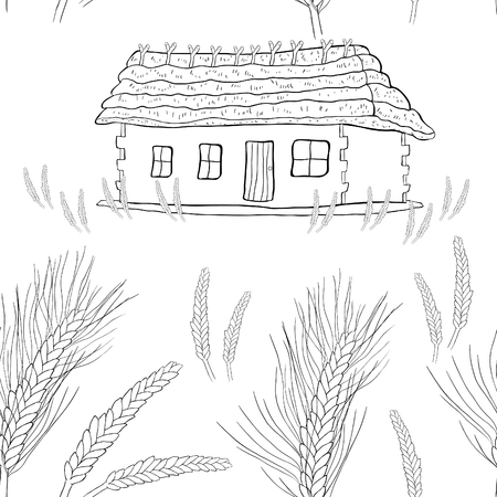 seamless pattern wheat germ coloring of a house with thatched roof vector illustrationのイラスト素材