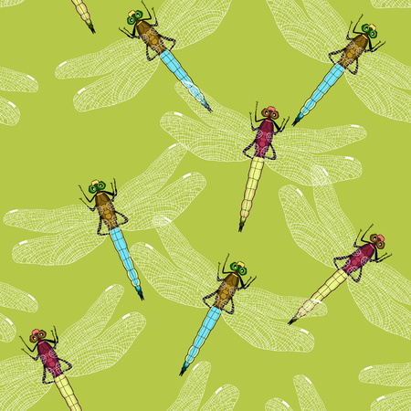 seamless pattern orthetrum cancellatum dragonfly trellis on green vector illustrationのイラスト素材