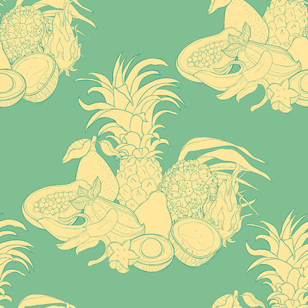 seamless pattern   fruits pandan banana avocado coconut papaya pineapple, Pitahaya, star carambola  vector illustrationのイラスト素材
