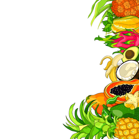 card  fruits pandan banana avocado coconut papaya pineapple, Pitahaya, star carambola  vector illustrationのイラスト素材