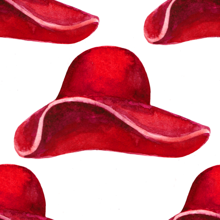 seamless pattern  female headdress hat red. watercolor illustrationの写真素材