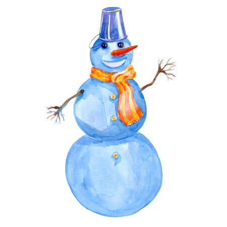Cheerful winter smiling snowman watercolor illustrationの写真素材