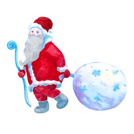 Santa Claus with a bag of gifts watercolor illustrationの写真素材
