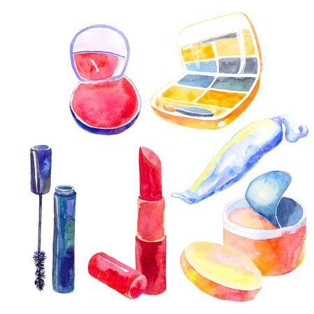 set of cosmetics for the face of women and girls watercolor illustrationの写真素材